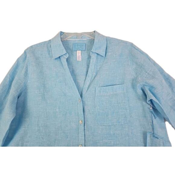 Sigrid Olsen~Woman Size~M~Linen Shirt Long Sleeve Roll Tab Blue Beachy Lagenlook - Picture 8 of 16